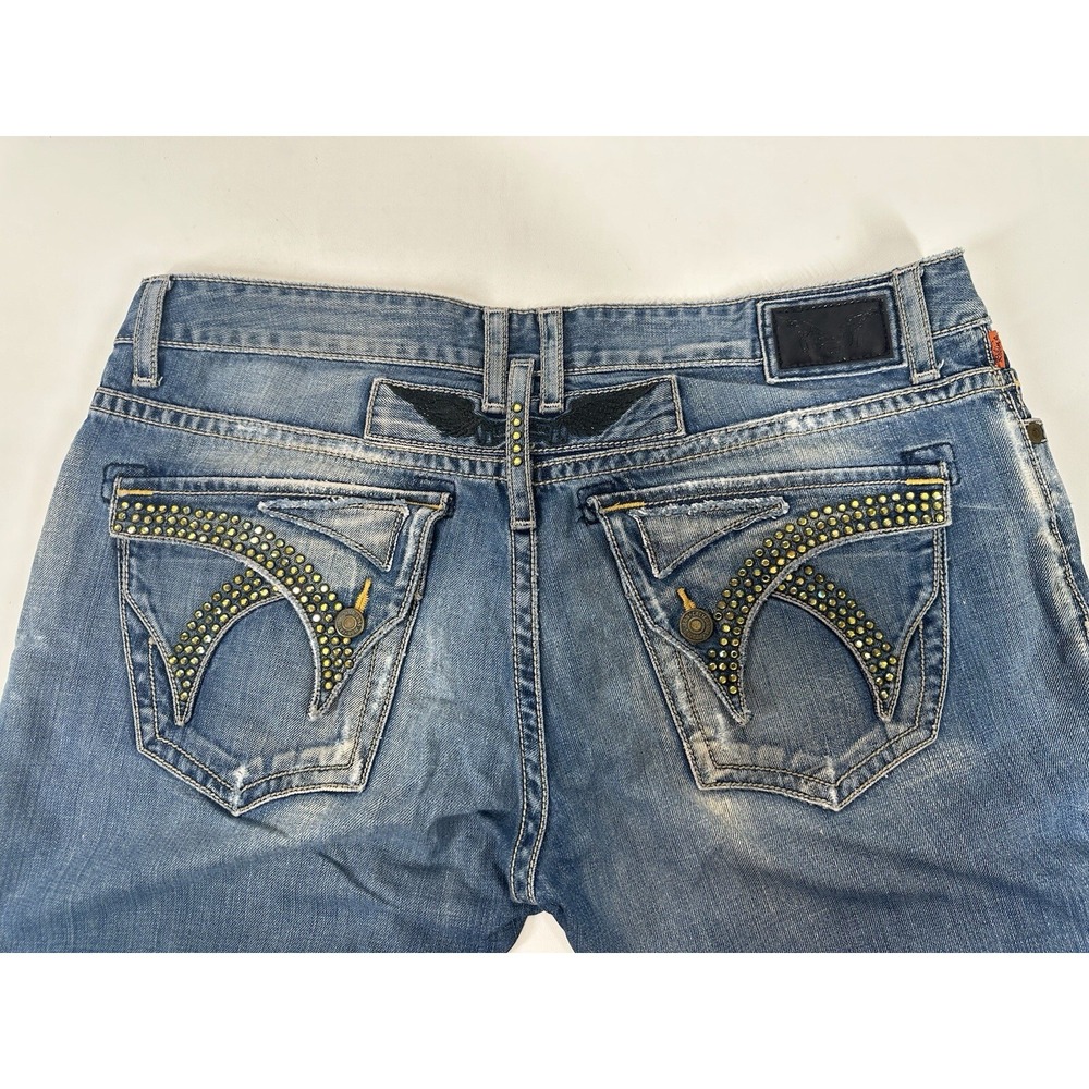 Robin's Jeans Long Double Flap Yellow Rhinestones Mens 38" x 32" USA VINTAGE